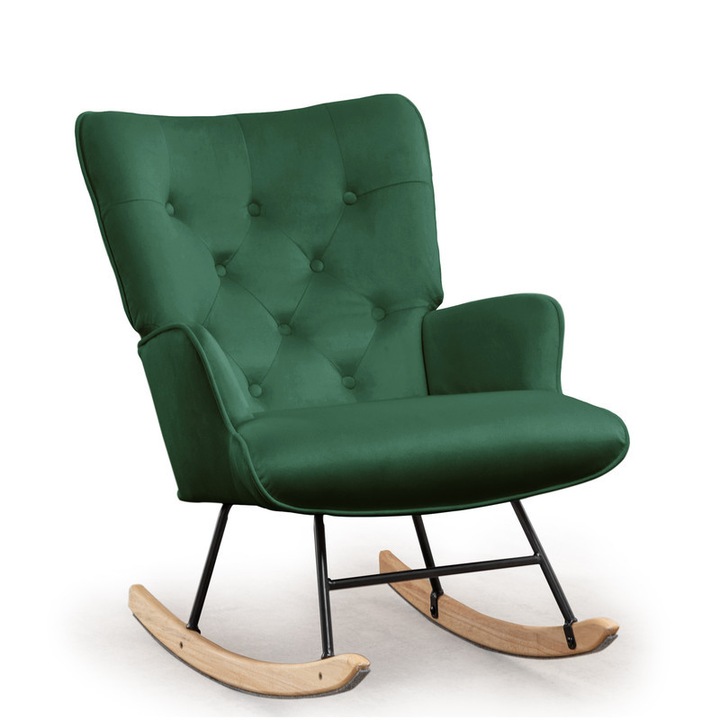 Fotoliu balansoar Korser, material catifea, buzunare laterale, ergonomic, 64x97x86cm, verde