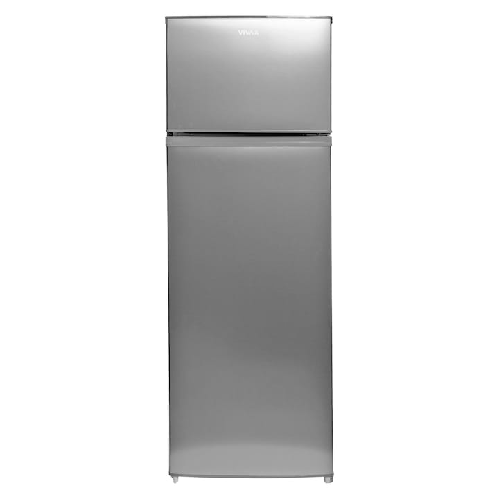 Frigider cu doua usi VIVAX DD-235E S, Capacitate Net 235L, Clasa E, Termostat reglabil, Iluminare LED, Usi reversibile, 4 Rafturi de Sticla securizata, Inaltime 160 cm, Argintiu
