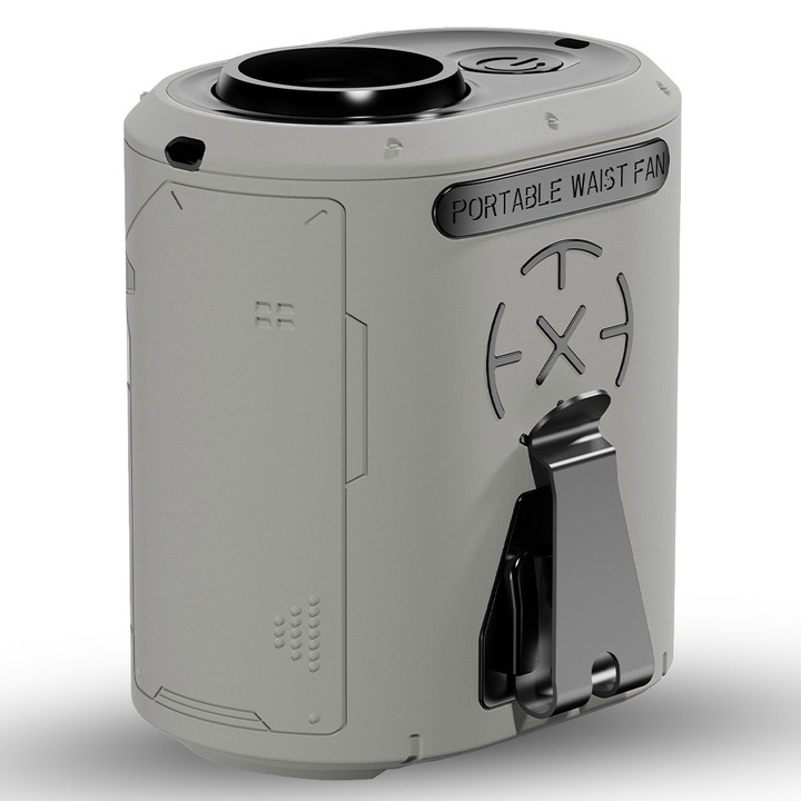 Ventilator Portabil cu Prindere la Talie, 5 Trepte de Viteza, Power Bank, Reincarcabil, 5000mAh, Lanterna LED, Gri