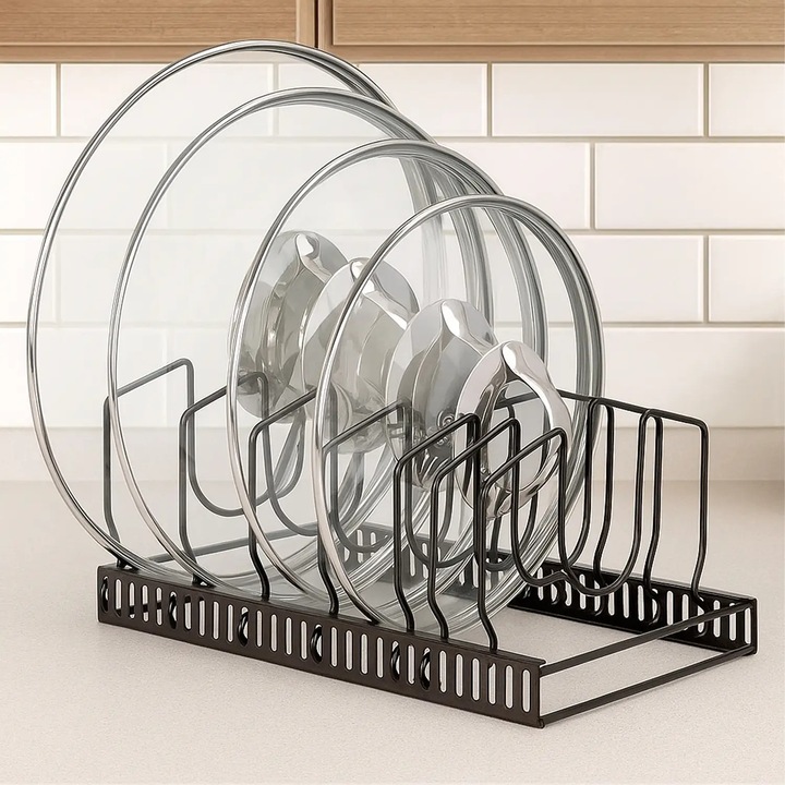 Elindor® Állítható Fém Edénytartó, Edényszárító és Rendszerező Tányérokhoz, Fedőkhöz, Serpenyőkhöz és Tálcákhoz, Kompakt Edényszárító Szekrénybe, Mosogatóba vagy Pultra, Konyhai Edénytartó, Fekete Vas, 30x19x13 cm