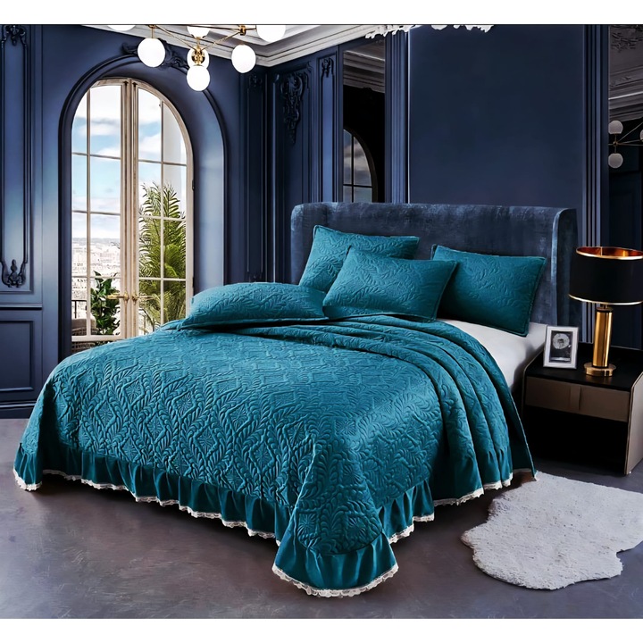 Set Cuvertura 3 Piese, din Catifea Premium pentru Pat Dublu, cu Volanase, 3 Piese, 230x250cm, cu 2 Fete de Perna