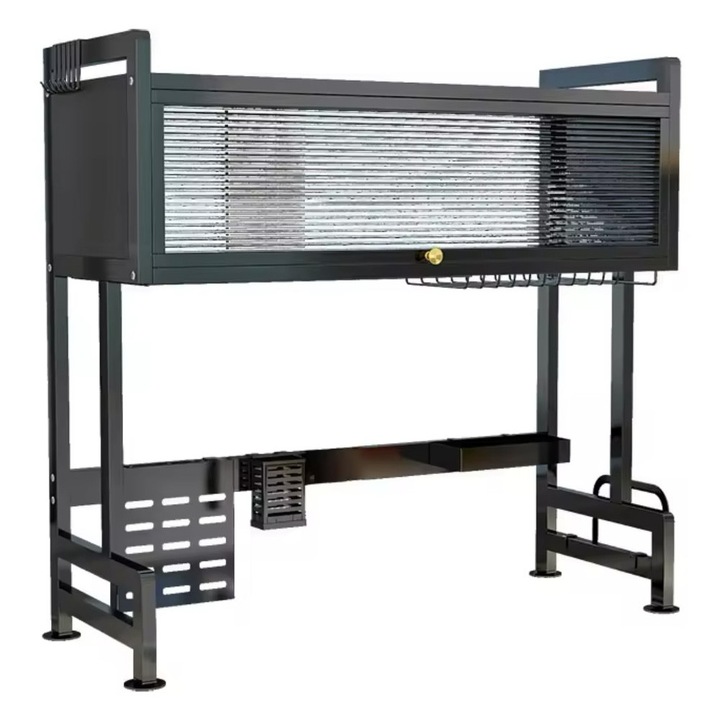 Scurgator multifunctional pentru vase, potrivit deasupra chiuvetei, raft superior pentru vase, suport pentru tacamuri, Otel Inoxidabil, 80x30x85, Negru