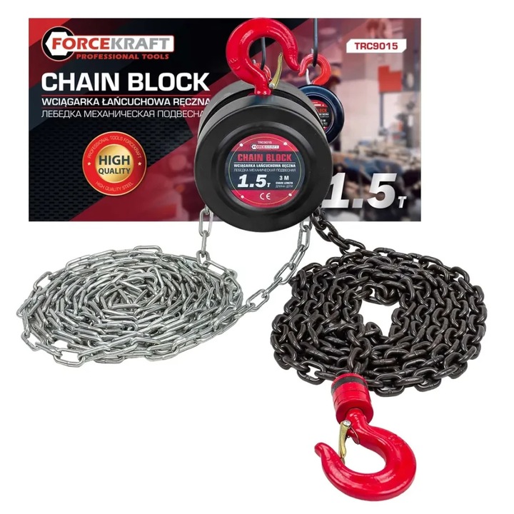 Winch manual cu lant Forcekraft, 1.5t, 3m, tip dublu, suspendare stationara