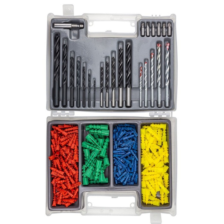 Fúró- és bitkészlet fémhez, fához és betonhoz, 300 részes, HSS, többszínű