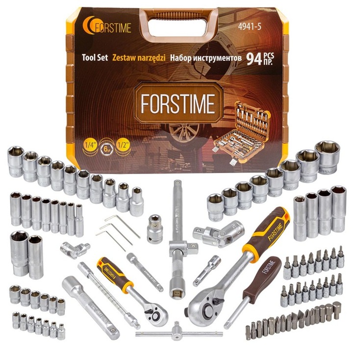 94 darabos szerszámkészlet, villáskulcsok, dugókulcsok, bitek, műanyag doboz, FORSTIME