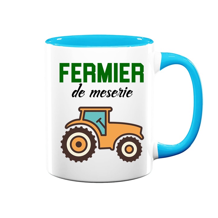 Cana personalizata pentru fermier cu mesaj:"Fermier de meserie", Betaprint, alba cu interior albastru, 330ml