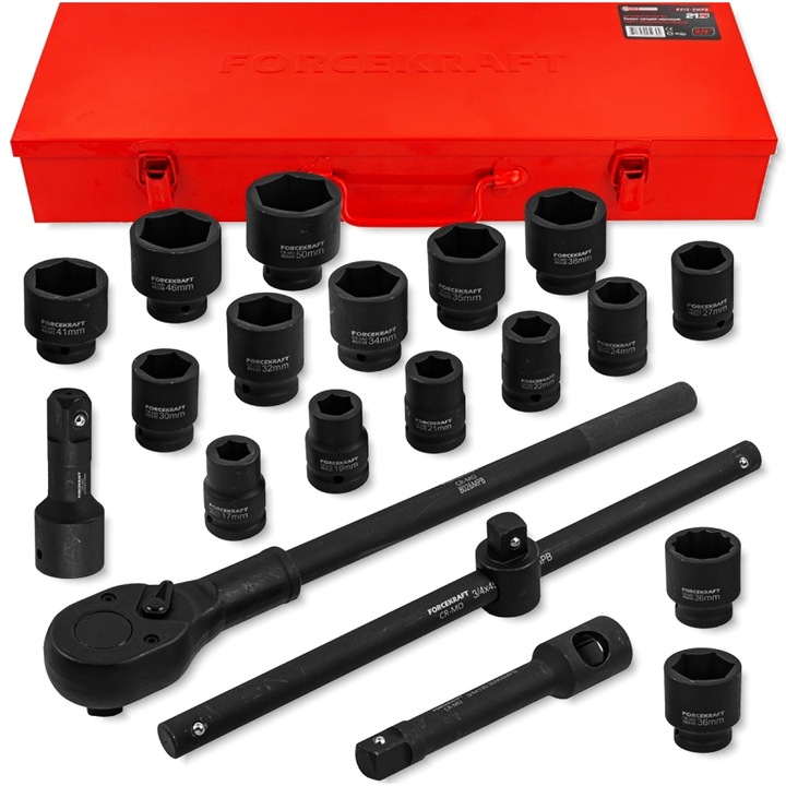 Set unelte FORCEKRAFT 21 elemente, nasada 3/4", 12-kat, dimensiuni 17-50mm, greutate 15,75kg