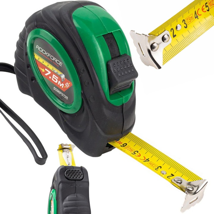 Metru de masurare Rockforce, 7,5m x 25mm, ABS, blocare automata, clip de prindere
