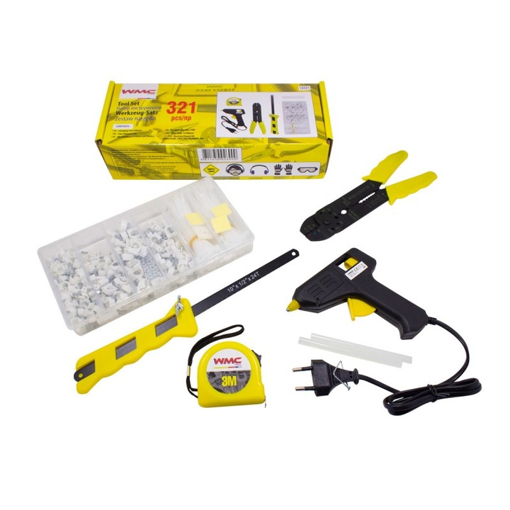 WMC 321 darabos szerszámkészlet bilincsekhez, mérőszalaghoz, ragasztópisztolyhoz