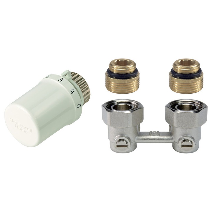Set pentru radiatoare cu alimentare de jos: Thera-6 T3019 cap + supapa dubla, unghiulara, dubla cu inchidere, 1/2 inch V2495EY015A, Honeywell home