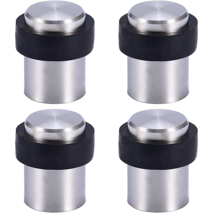 Цилиндричен стопер за врата от неръждаема стомана, 4.5 см, комплект от 4 броя, с черен гумен пръстен