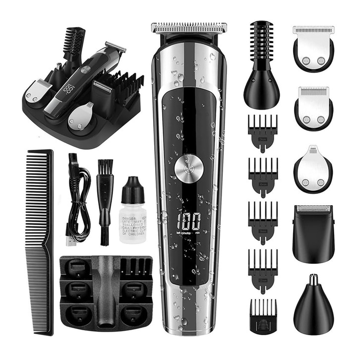 Masina de Tuns si Aparat de Tuns, 6 in 1 pentru frizerie, cu 5 piepteni limitatori, Tuns Par, Barba, Mustata, Nas, Ureche, Corp, Design Ergonomic, Vaxiuja, ABS+Otel inoxidabil, Negru