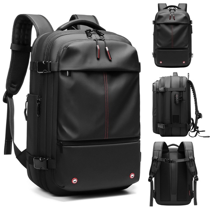 Раница с вградена помпа PLEMORY®, Вакуумна компресия, Отделение за лаптоп 17", Водоустойчива, Ултра лека, Идеална за самолет, Водоустойчива, 35-60L, Против кражба, Oxford 900D, Кожен вид, Черен