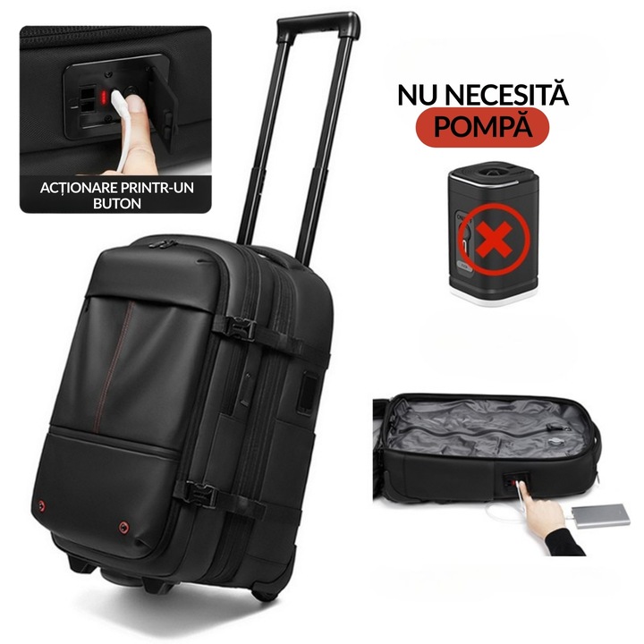 Rucsac PLEMORY® Vidabil cu Pompa Incorporata Tip Troliu, Ghiozdan Multifunctional, cu Vacuum, Smart, Compresie Vid, Compartiment Laptop 17", Rezistent la Apa, Ideal pentru Avion, Calatorii, Impermiabil, 35-60L, Anti-Furt, Oxford 900D, Aspect Piele, Negru