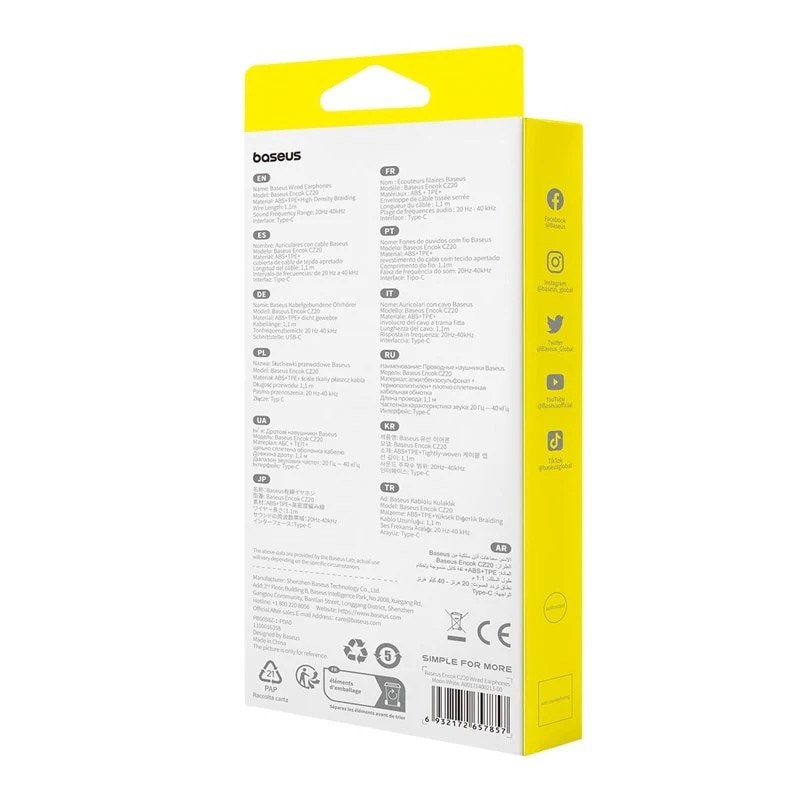 Casti cu microfon Baseus Encok CZ20 alb, 1,1m USB-C