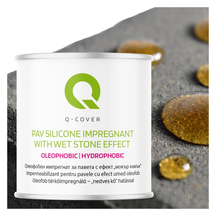 Impermeabilizant pentru pavele cu efect UMED Oleofob, Q-Cover, Incolor, mat, pentru interior si exterior, rezistenta la intemperii, rezistent la UV, pevine patrunderea petelor de ulei, foarte eficienta, 2.5L