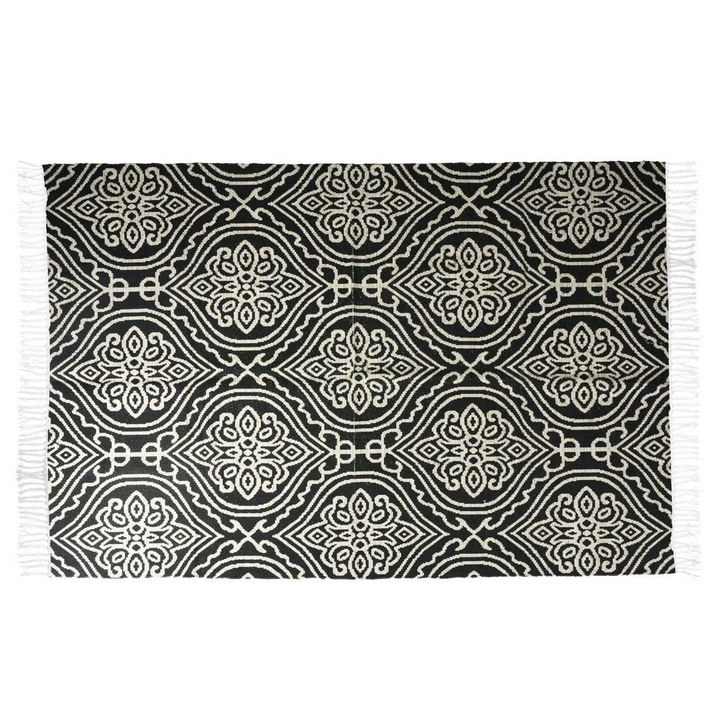 Килим за хол, H&S декорация, памук с пискюли, етнически модел, мек и естествен, идеален за хол или спалня, бохо стил, лесен за почистване, 120 x 180 см