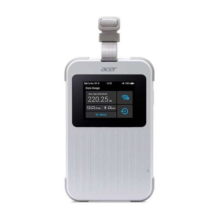Безжичен рутер Acer Connect M6E 5G Mobile Wi-Fi, 2.4” Color TFT Touch, 5G NR & 4G LTE, 2x2 MIMO, MTK 24M Octa Core 2.5Ghz, 16GB eMMC, 4GB LPDDR4X, MIL-STD-810H, IP68, 8000 mAh батерия, NFC, USB Type-C, Open VPN Client, 20GB International Data