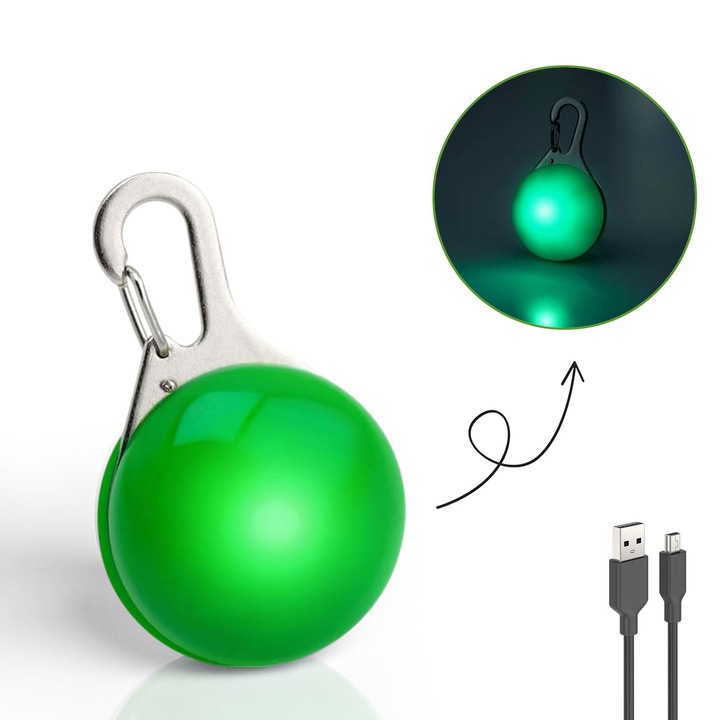 Pandantiv LED pentru zgarda caini, zioda smart essentials®, medalion reincarcabil miniUSB, 3 moduri de iluminare, vizibil pana la 500m, carabina metalica pentru prindere pe zgarda, ham, ideal pentru plimbari seara, noaptea, universal, verde