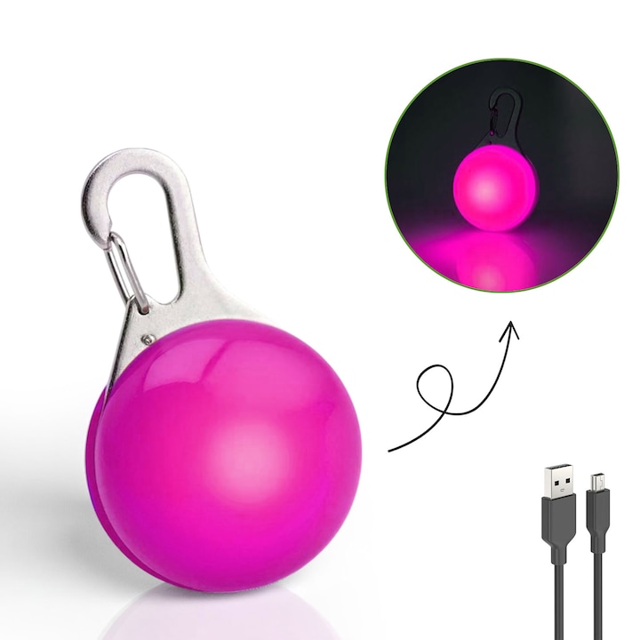 Pandantiv LED pentru zgarda caini, zioda smart essentials®, medalion reincarcabil miniUSB, 3 moduri de iluminare, vizibil pana la 500m, carabina metalica pentru prindere pe zgarda, ham, ideal pentru plimbari seara, noaptea, universal, roz