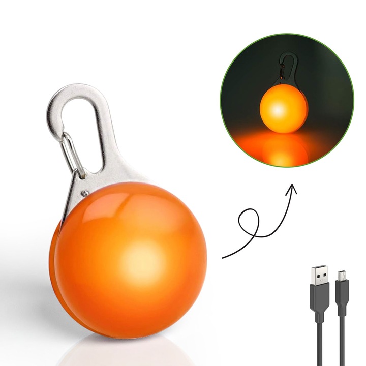 Pandantiv LED pentru zgarda caini, zioda smart essentials®, medalion reincarcabil miniUSB, 3 moduri de iluminare, vizibil pana la 500m, carabina metalica pentru prindere pe zgarda, ham, ideal pentru plimbari seara, noaptea, universal, portocaliu