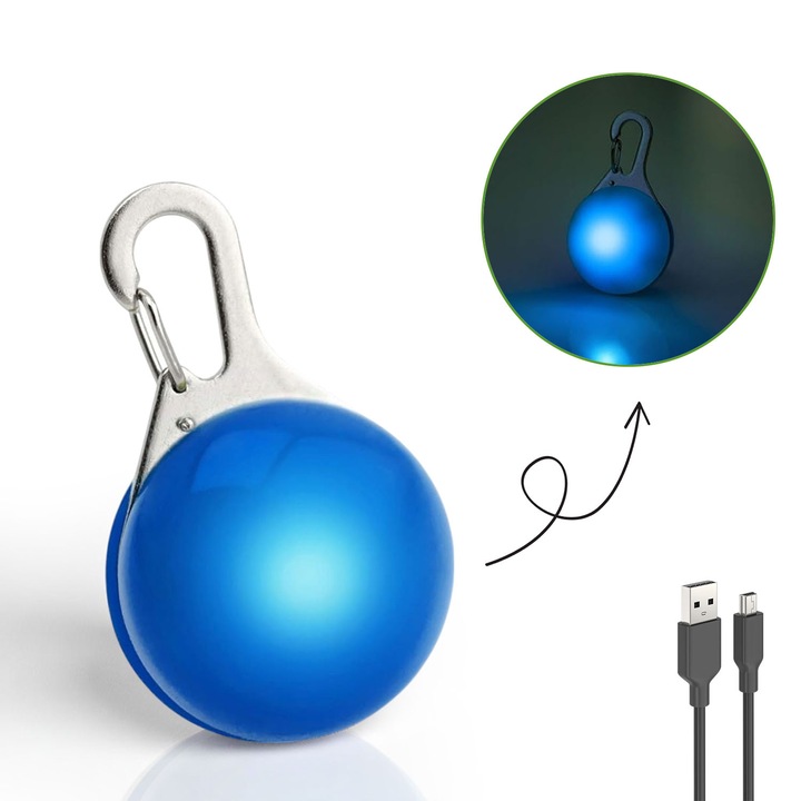 Висулка за кучешка каишка zioda smart essentials, LED, miniUSB презареждаща се, Метален карабинер за закрепване към каишка, Колан, За вечерни разходки, Универсален, 3 режима на осветление, Видимост до 500 м, Син