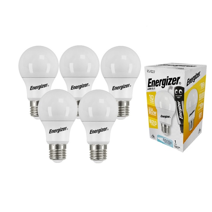Set 5 becuri LED Energizer, E27, 8.2 W, echivalent 60 W, 820 lumeni, 6500k, lumina rece, clasa energetica F