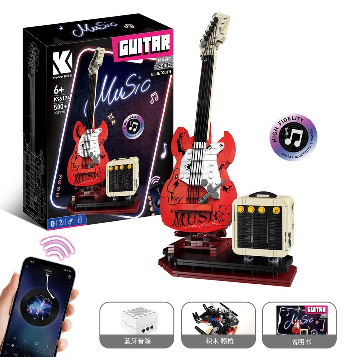 Set constructie chitara rock, WALALLA, jucarie model chitara rock, poate reda muzica cu telefonul mobil Bluetooth, cadouri de colectie pentru adulti si copii, cultiva coordonarea mana-ochi si imaginatia, 520 piese, rosu