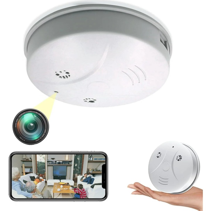 Camera ascunsa cu detector de fum spion WiFi, HD 1080P, camera de securitate wireless cu detector de fum spion cu vedere nocturna/detectie miscare/functie de vizualizare de la distanta pentru acasa si birou cu card SD de 64G