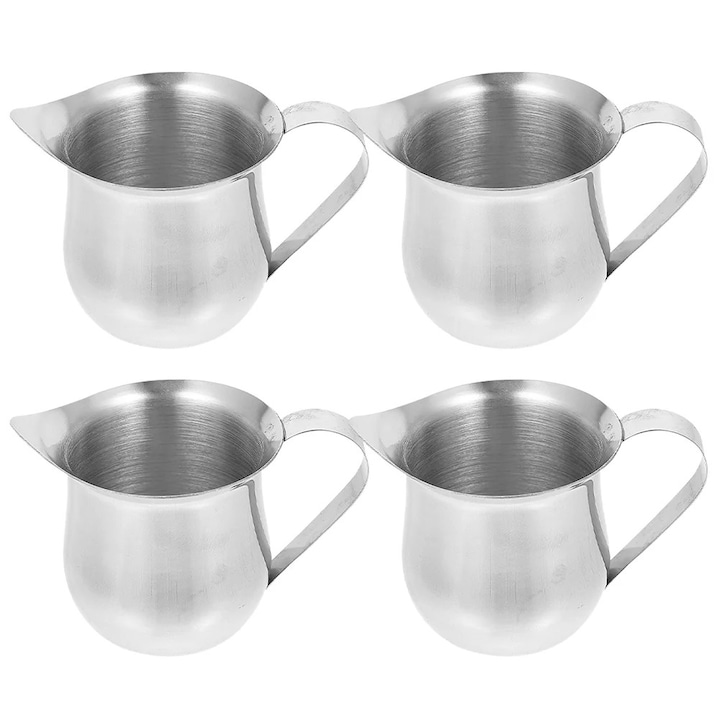 Cana de lapte din otel inoxidabil, capacitate 60ml, argintiu, 7.5x5.5x4.5cm, set 4 bucati