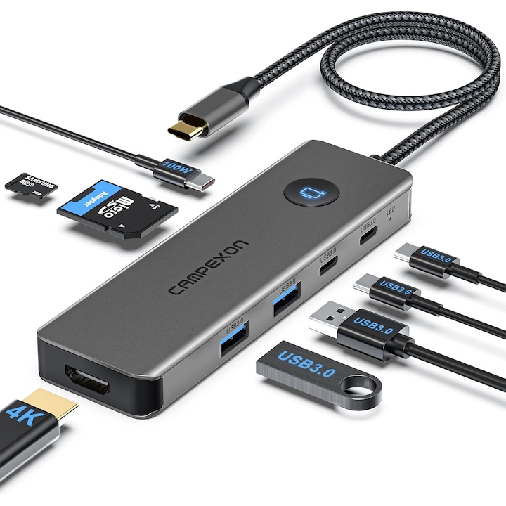 Xenomo®️ SAFE DOCK USB-C хъб адаптер, многофункционален, 4K HDM, 2 X USB 3.0, PD 100W, SD/TF четец, бутон за управление на екрана, универсална съвместимост, алуминий