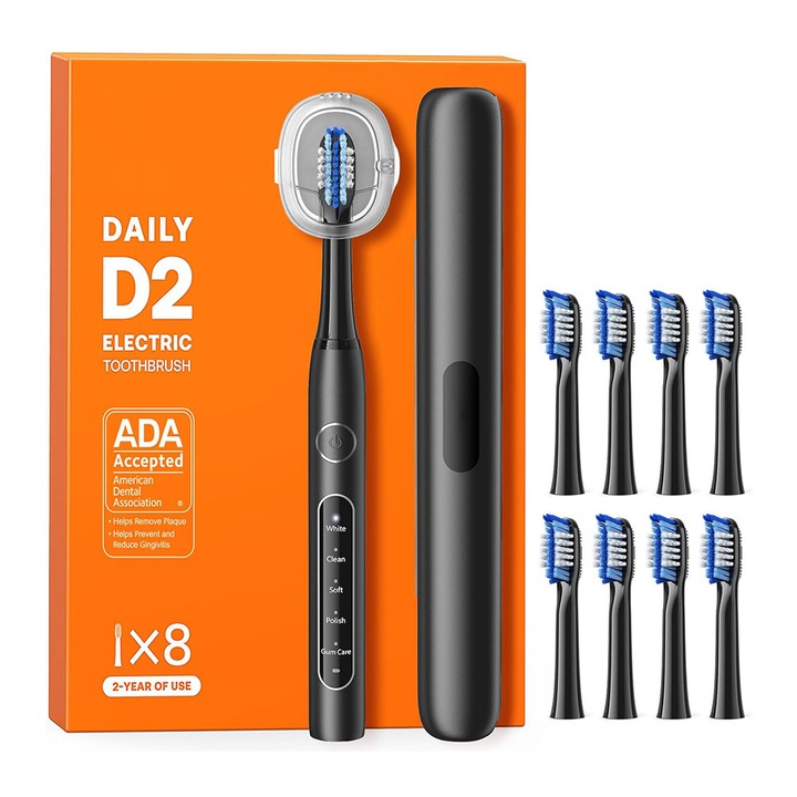 Elektromos fogkefe, ultrahangos, 5 program, időzítő, újratölthető, 8 fej mellékelve, fekete