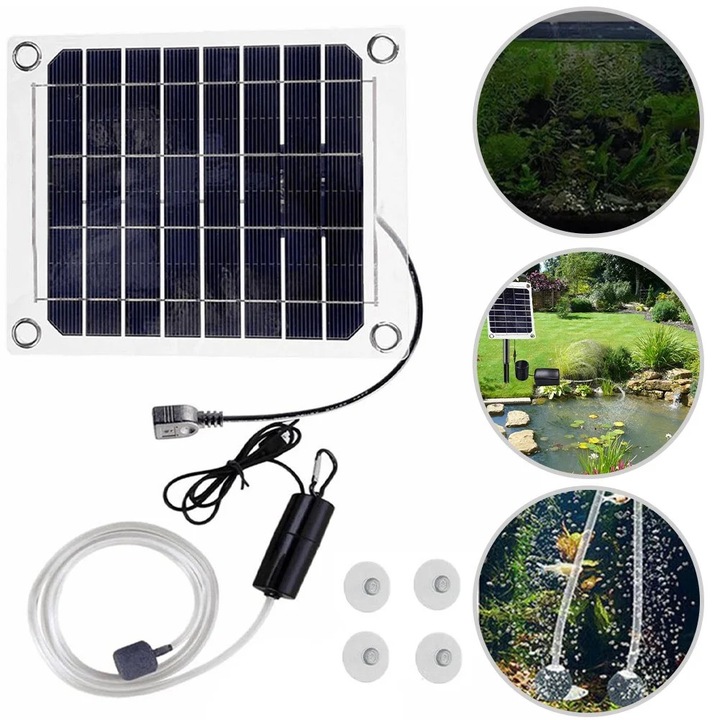 Pompa de aer solara pentru iaz/acvariu, 0.8L/MIN, 16.5x16.5x4.4cm, negru