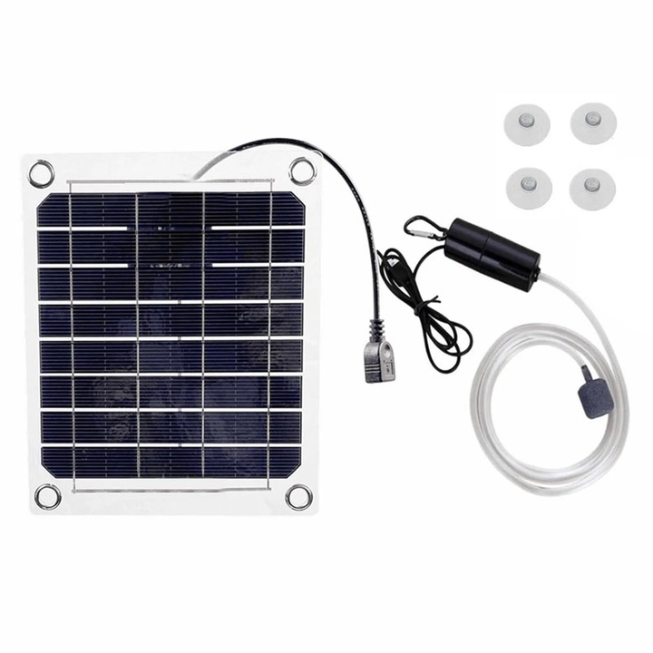 Pompa de aer solara pentru iaz/acvariu, 0.8L/MIN, 16.5x16.5x4.4cm, negru