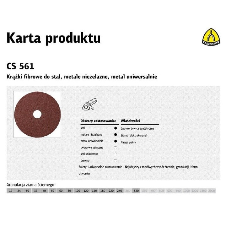 Klingspor fiber tárcsa 115 mm, 16-os szemcseméretű, 25 darabos készlet, fémhez és rozsdamentes acélhoz