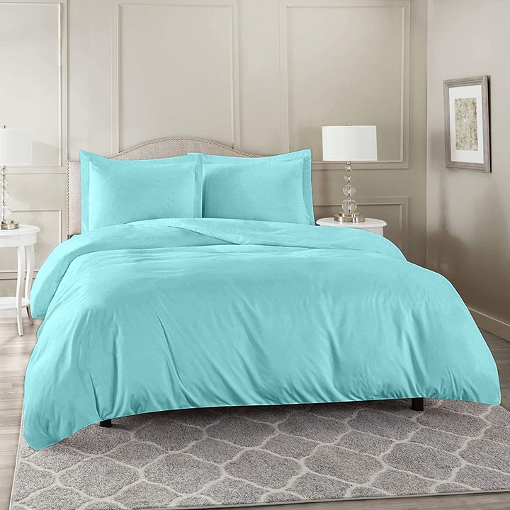 Lenjerie de pat pentru o persoana cu husa elastic pat si fata perna patrata, Taripa, bumbac ranforce, gramaj tesatura 120 g/mp, Turcoaz deschis, 3 piese