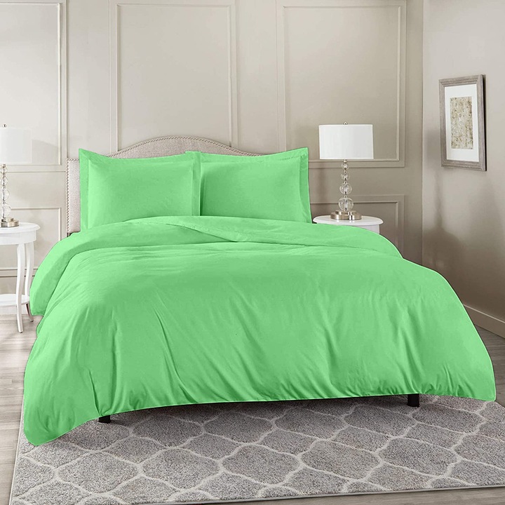 Lenjerie de pat matrimonial SUPER cu husa de perna patrata, Velebit, bumbac ranforce, gramaj tesatura 120 g/mp, 4 piese, Verde deschis