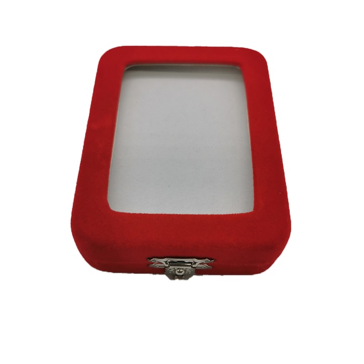 Cutie din Catifea Rosie pentru expus Martisor, interior alb, cu fereastra de sticla, VisionXXI