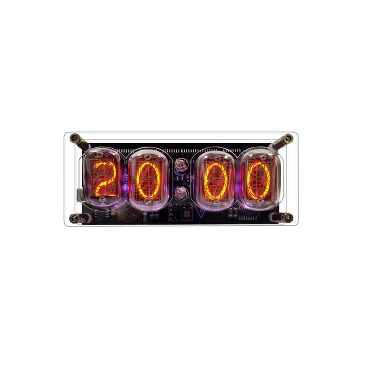 Ceas electronic vintage Nixie cu tuburi IN-12, RGB, telecomanda IR, afisaj ora/data, cronometru, alarma, USB-C