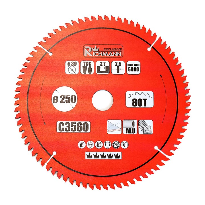 Disc circular vidia Multimaterial pentru aluminiu, lemn, 80 dinti, 250x30 mm, Richmann Exclusive