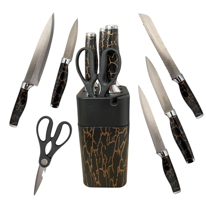 Set cutite din metal cu suport elegant, manere cu model, 7 piese