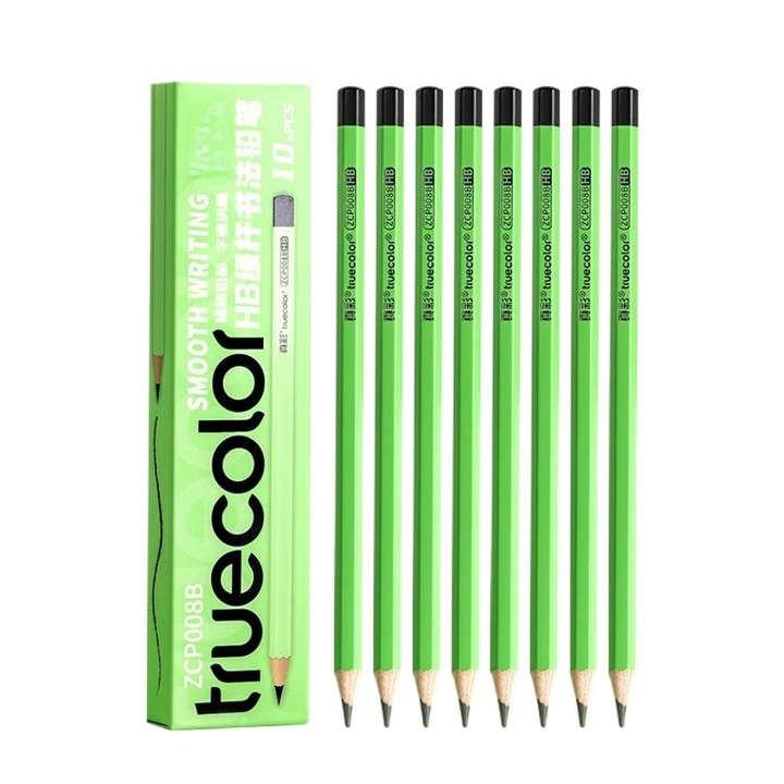 Creion 2B si HB, set 12 bucati, design hexagonal si triunghiular, verde, 203mm
