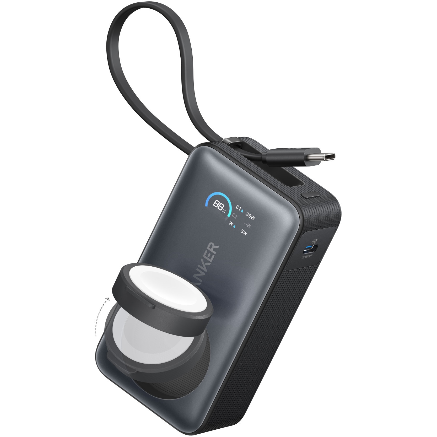 Acumulator extern Anker MagGo Apple Watch, 10000 mAh, Ultra-Slim, Qi2 35W, cablu USB-C incorporat negru