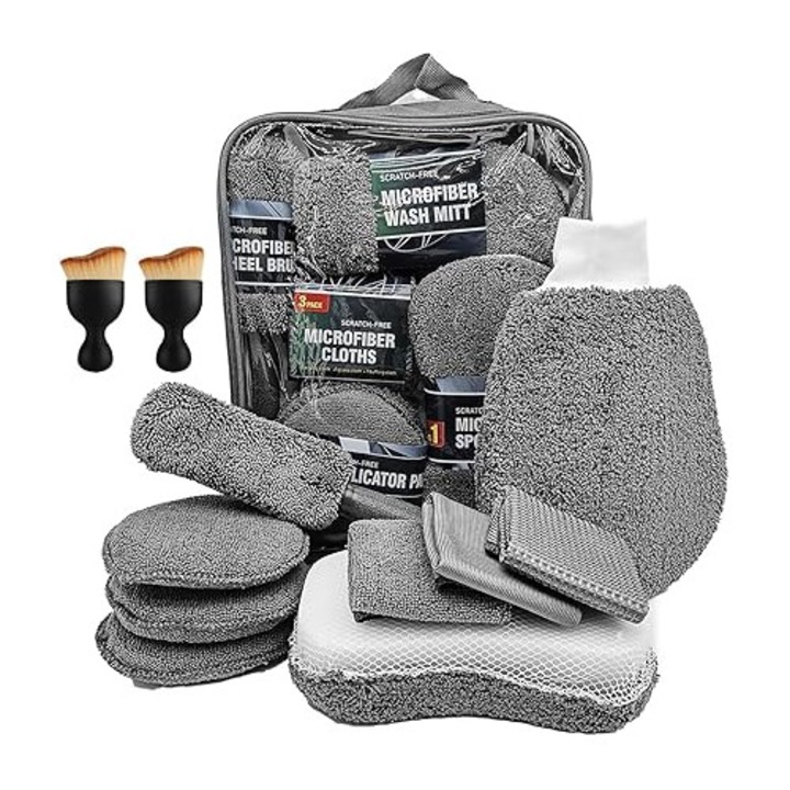 Set 11 piese curatare auto, BOBOVEN, perie jante, lavete microfibra
