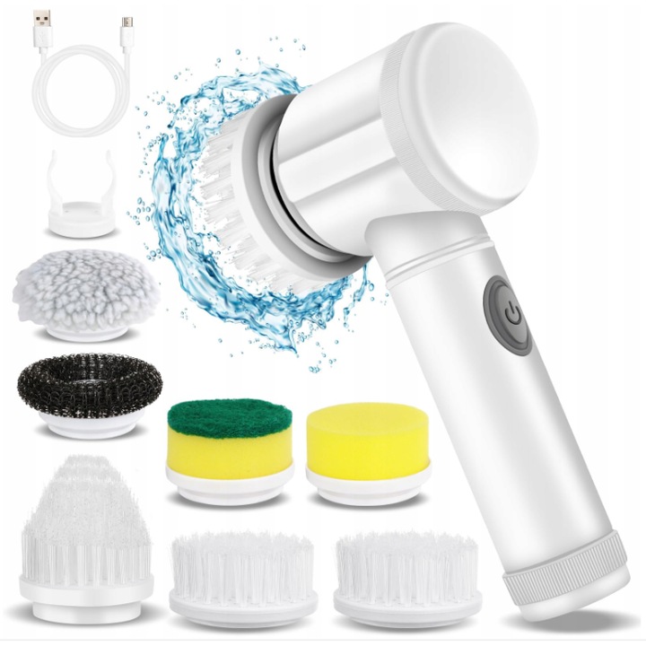 Perie de curatare electrica multifunctionala, XGETOP®, portabila, ideala pentru bucatarie si baie, wireless, 7 perii accesoriu, incarcator USB, rotativa 360°, Alb