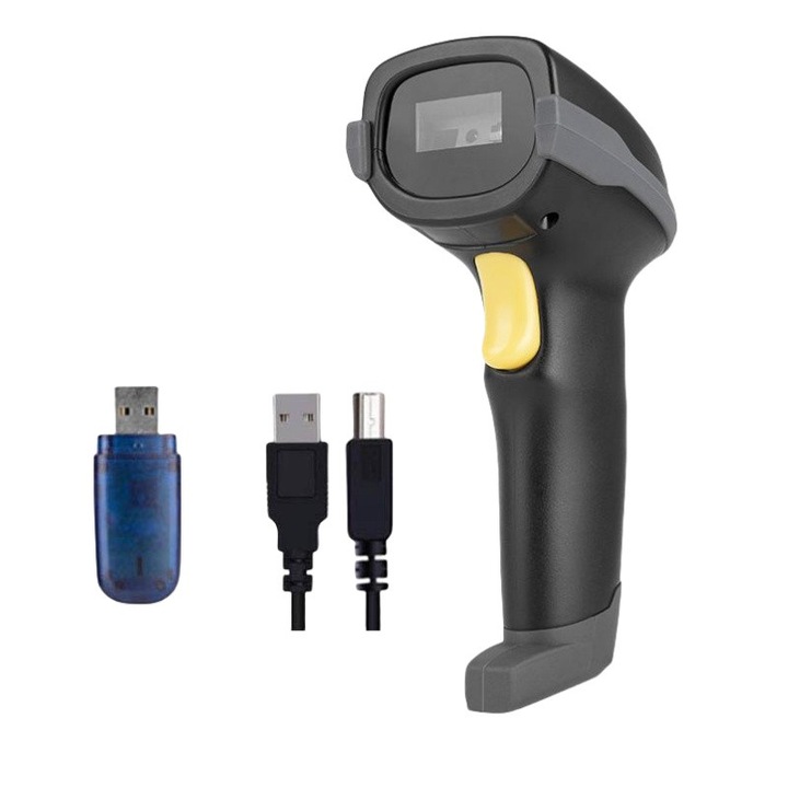 Cititor de coduri de bare mobil, BOMSTOM, 1D, Wireless si Bluetooth, Cu cablu USB, Negru, 8.3x17.5cm