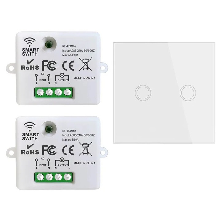 Intrerupator wireless inteligent General, 433MHz, set 2 receptoare + 1 intrerupator, 85-250V, control dual, dimensiune 86x86x13mm