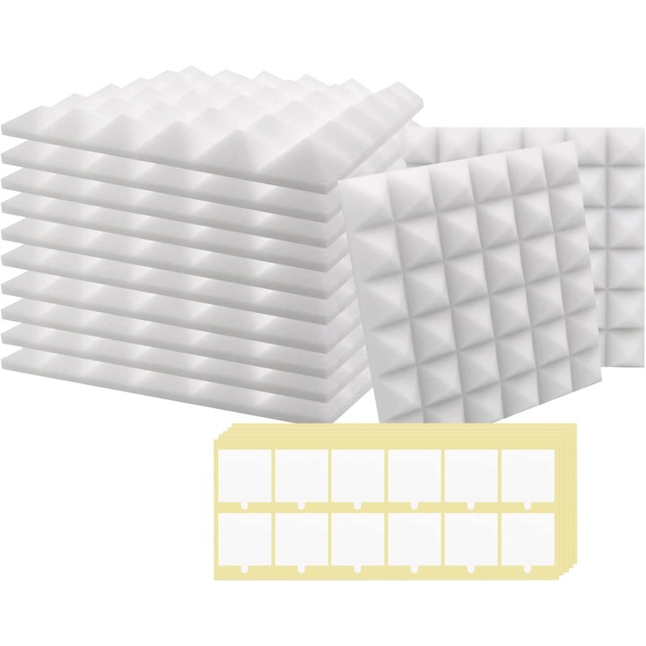 Hangszigetelő és zajcsökkentő panel, tűzálló poliuretán habból, öntapadós fóliával, otthoni és hangstúdiókba, 12 darabos készlet, méret 30 x 30 x 2,5 cm, FEHÉR - CN