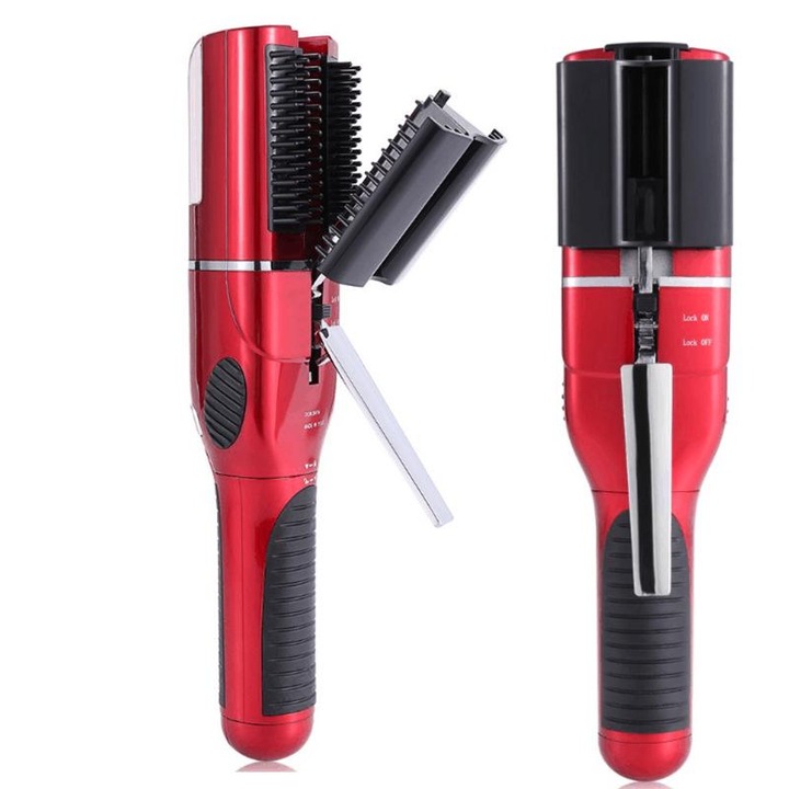 Trimmer de par pentru varfuri despicate, cap din otel inoxidabil cu adaptor si husa din piele, 30x12x8 cm, Rosu