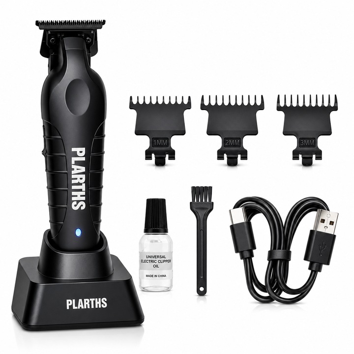 Masina de Contur Profesionala, PLARTHS NG-317, Motor puternic 7000rpm, Lama DLC, Cutit Ceramic, Stand Incarcare, Led Incarcare, Type C, 3 Inaltatoare, Negru